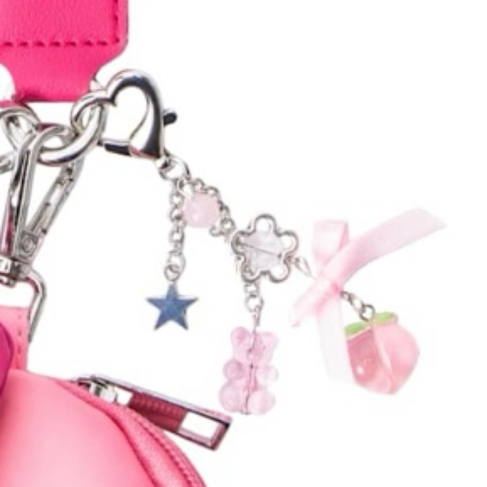 Double Purse Wristlet Keychain with Gummy Bear, Peach, Silver Heart, Bag Charm - Picture 9 of 12